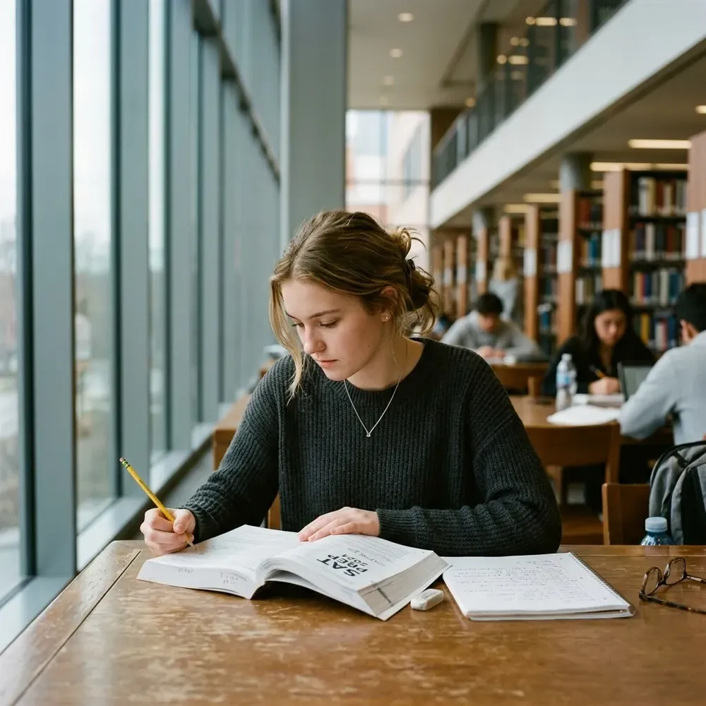 Estudiante planeando su preparación en la biblioteca